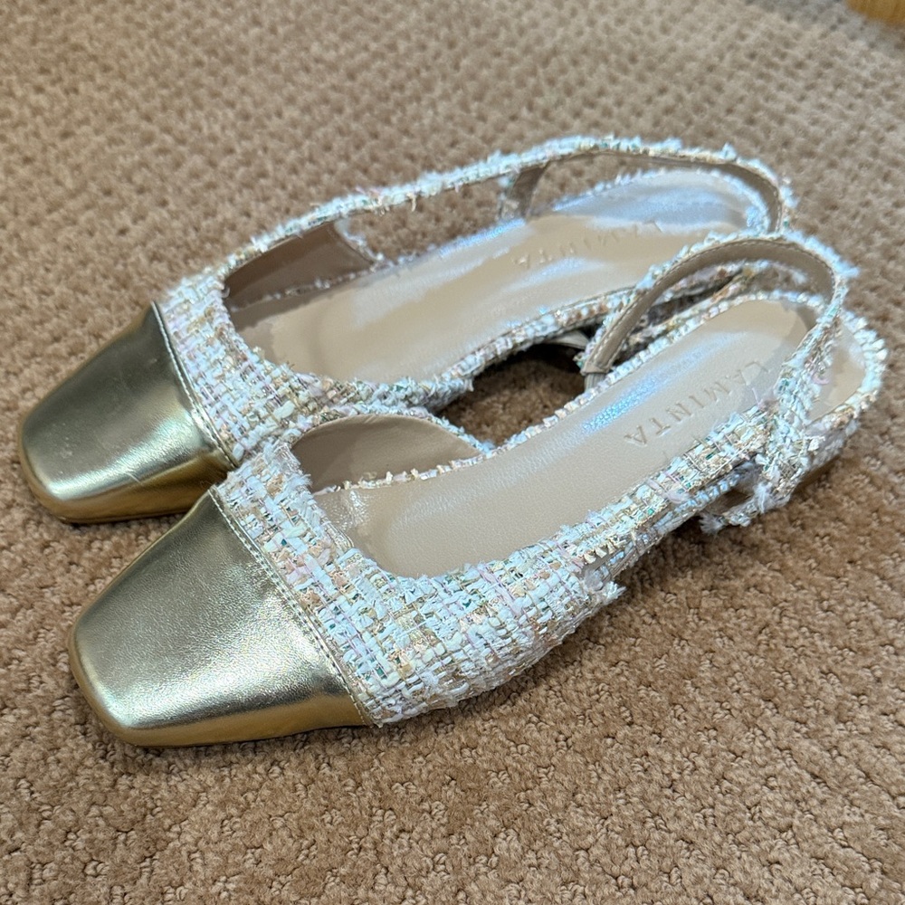 Designer Inspired Gold and Cream Tweed Slingback Flats